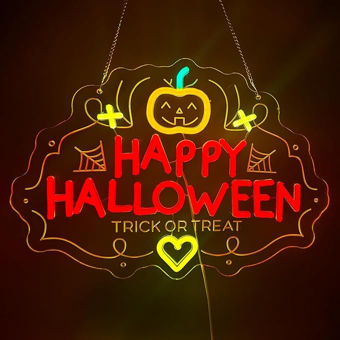 Halloween Neon Sign, Pumpkin Shape with 'HAPPY HALLOWEEN' Lettering, LED Party Decoration for Indoor Home/Bar/Haunted House
