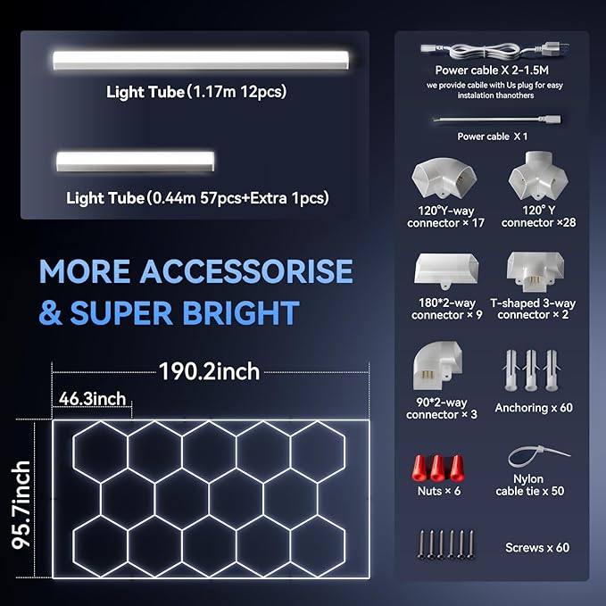 LED Hexagon Garage Light - Super Bright Car Detailing Shop LED Garage Lights, Hexagon Ceiling Lighting System for Home Gym Workshop Basement Warehouse