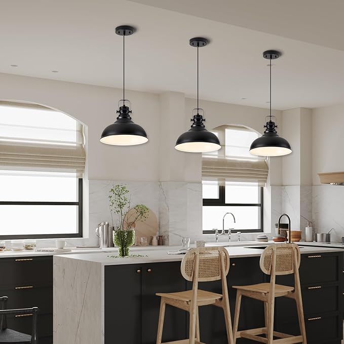 Industrial Pendant Light Fixture, Farmhouse Decor Adjustable Metal Hanging Lamp, Vintage Pendant Lighting for Kitchen Restaurant Dining Room Cafe, E26 Base Black (Black, 1 Pack)