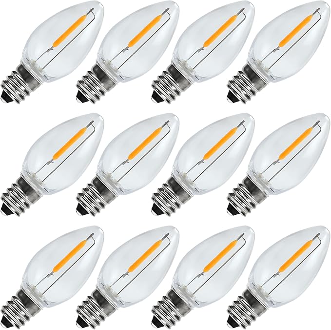 C7 LED Night Light Bulbs, 0.6Watt Equivalent to 7W, E12 Candelabra Small Base, Edison LED Light Bulbs, 2200K Warm White, Clear Plastic, Outdoor String Lights, 12 Pack, Non-Dimmable