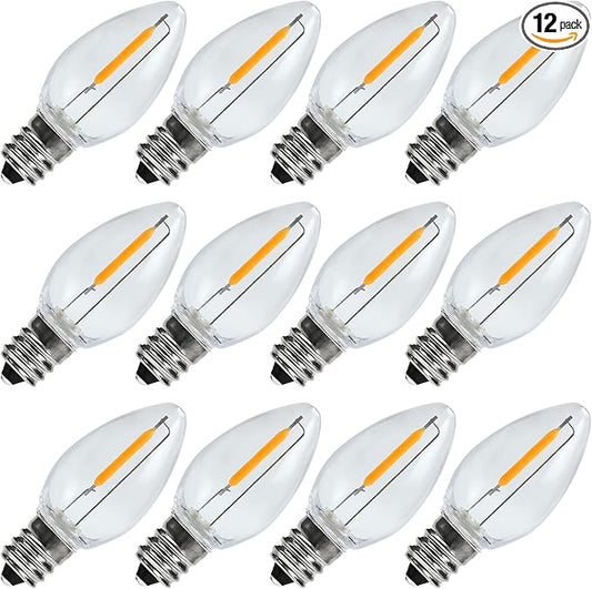C7 LED Night Light Bulbs, 0.6Watt Equivalent to 7W, E12 Candelabra Small Base, Edison LED Light Bulbs, 2200K Warm White, Clear Plastic, Outdoor String Lights, 12 Pack, Non-Dimmable