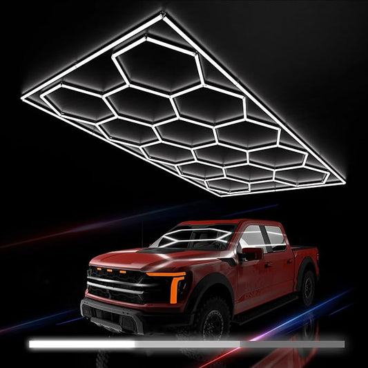 Hexagon Garage Lights : 3 Level Dimmable 14 Grids Hexagon LED Lights with Rectangle Frame - 6500K Super Bright Hex Light for Garage, Warehouse, Car Detailing Shop, Exhibition Hall, Gym