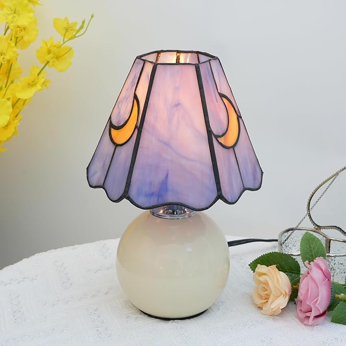 Mushroom Lamp Tiffany Lamp Stained Glass Table Lamp Moon Cute Small Bedside Lamps for Living Room Home Decor,Unique Aesthetic Home Living Room Decor Girls Women Birthday Day Gift,Pink Blue