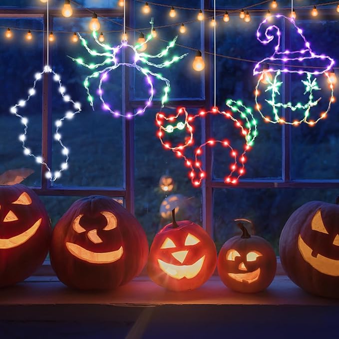 Halloween Lights Indoor 4 Packs, USB or Battery Powered Pumpkin Cat Spider Skull Decor, 8 Modes Remote Control with Timer, Halloween Window Lights Outdoor for Party