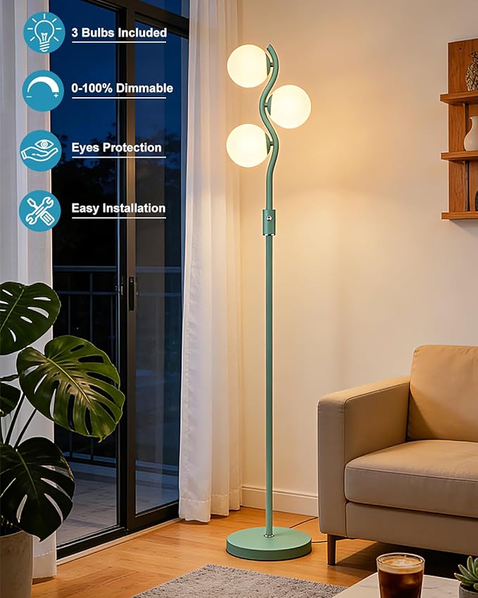 Lightdot 60IN Green Floor Lamp Stepless Dimmable Globe Floor Lamps with 3Pcs 3000K G9 Bulbs Eye-Friendly Mid Century Standing Lamps with Stable Base for Living Room/Bedroom/Corner