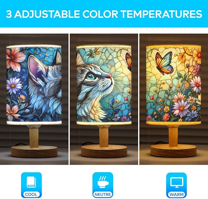 Cat and Butterfly Table Lamp LED 3-Color Pressed Bedside, Cat and Butterfly Shade Lamp with Wood Base for Bedroom Living Room Desk Office TL01