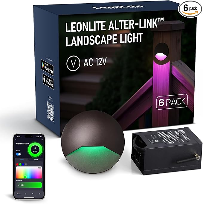 LEONLITE Alter-Link Series RGBCW LED Low Voltage Deck Lights, Bi-Flow Controller Included, 12V-15V AC Smart Low Voltage Landscape Step Lighting, 1800K-5000K Color Changing Fence Light, Pack of 6