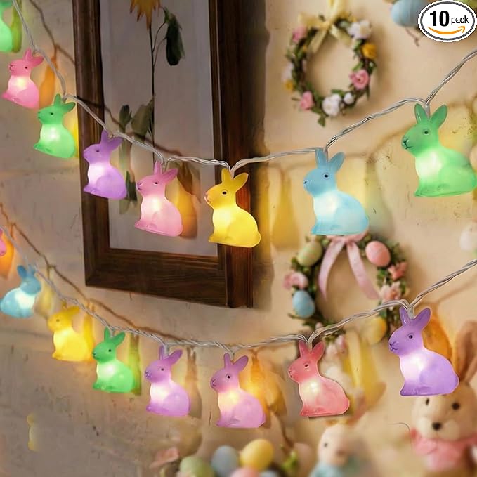 Easter Rabbit String Lights, 8.5ft 10 Count Multicolor Bunny Lights White Wire, UL Certified Connectable, Cute Easter Decorations for Home Indoor Outdoor Spring Party