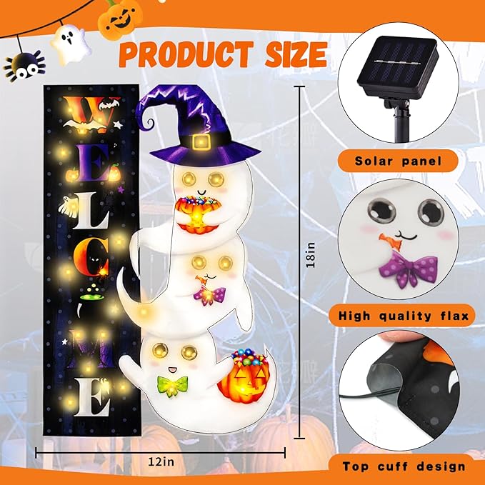 Halloween Lighted Garden Flag, Solar Welcome Ghost Yard Flag for Outside, 8 Modes Double Sided Welcome Halloween Ghost Outdoor Decorations for Home Porch