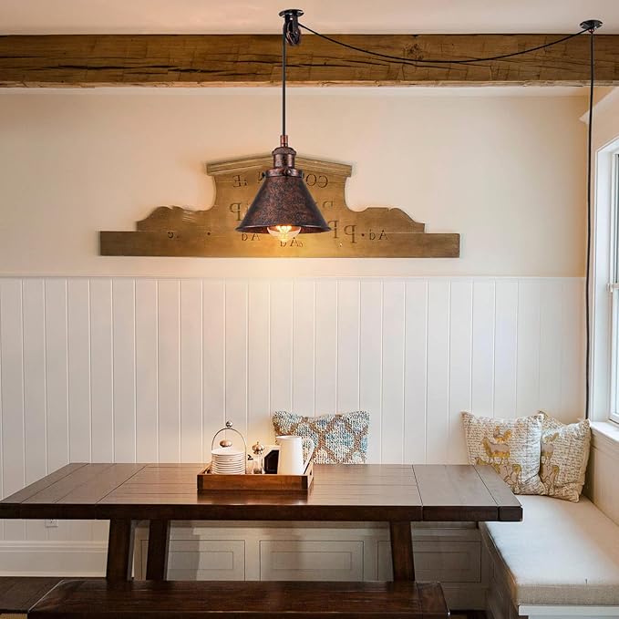 Plug in Pendant Light, On/Off Switch, 7.1 in. Hanging Light Fixture with Rustic Cone Shade, Rusty Pendant Light, 16.4ft Hanging Lights with Plug in Cord for Bedroom, Kitchen, Living Room