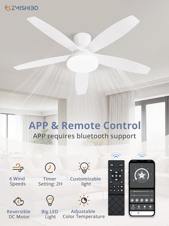 ZMISHIBO 48 inch Ceiling Fans with Lights and Remote/APP Control,White Low Profile Ceiling Fan with Light,Quiet DC Motor,LED Dimmable, Modern Flush Mount Ceiling Fan for Bedroom Indoor/Outdoor Patio