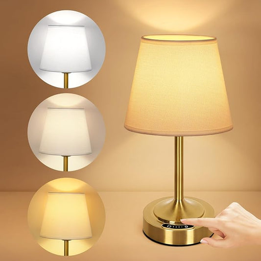 OUTON Cordless Rechargeable Table Lamp – 3 Color Temperatures, Battery Display, Touch Dimmable LED Light, USB-C Charging, Fabric Shade, Memory Function for Bedroom, Living Room, Patio (Small-Gold)