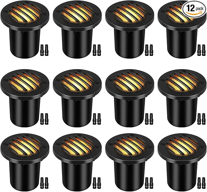 Low Voltage Landscape Lighting: 10W 2700K Warm White LED Well Lights, 12/24V Outdoor In-Ground Lights with IP67 Waterproof for Garden Yard Pathway Pavers Deck Fence, 12 Pack with Connectors