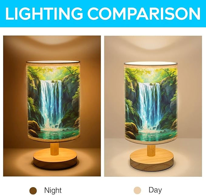 Waterfall in The Green Forest Table Lamp LED 3-Color Pressed Bedside, Waterfall in The Green Forest Shade Lamp with Wood Base for Bedroom Living Room Desk Office TL01