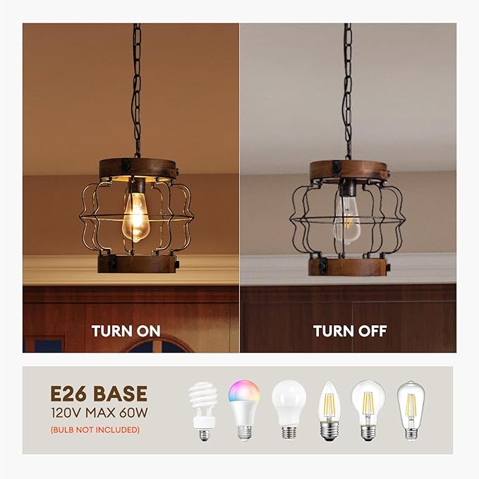 Rustic Pendant Light Fixtures, Farmhouse Chandelier, Vintage Industrial Metal and Wood Chandelier Hanging Pendant Light for Kitchen Island Foyer Hallway Bar Dining Room, D 10.2" x H 10.2"