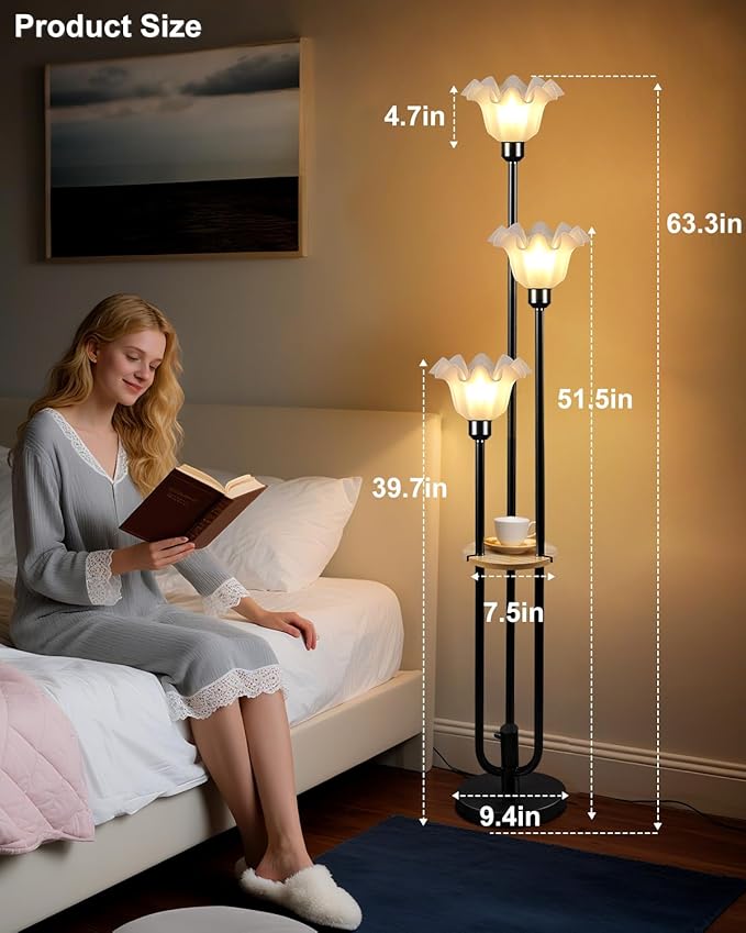 Lightdot Flower Floor Lamp for Living Room, Dimmable Vintage Floor Lamp with Shelf& Bulbs Included, 3 Light Warmwhite Mid Century Black Floral Standing Tall Lamp for Bedroom/Sofa Beside/Corner Decor
