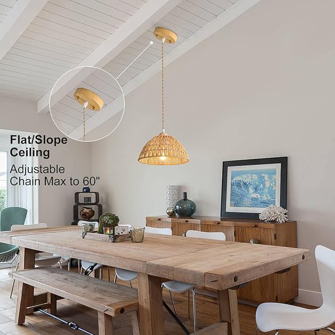 Farmhouse Wicker Pendant Light, 2-Light Boho Rattan Chandelier Light Fixture, Ceiling Hanging with Woven Lampshade, for Kitchen Bedroom Island Hallway, ETL Listed