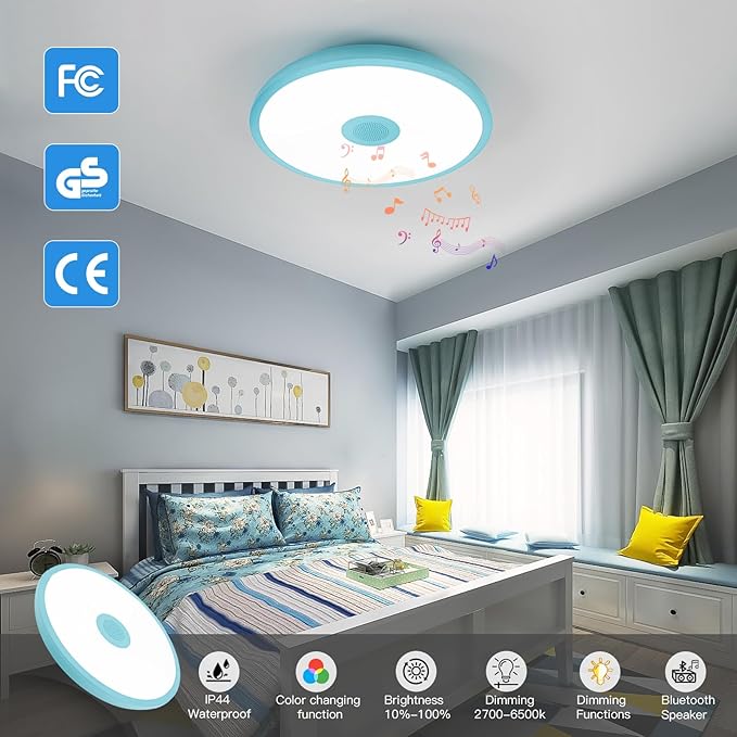 Sky Blue Waterproof LED Ceiling Light Fixture,Music Ceiling Lamp,with Bluetooth Speaker,11Inch 18W, 2700K-6500K Dimmable RGB Color Changing Light with Remote Control,Suitable for Boys' Room