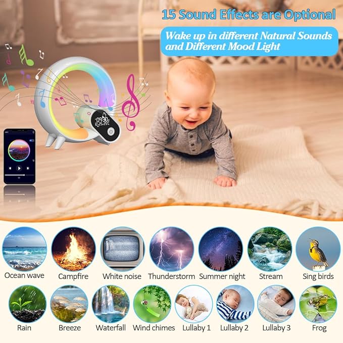Wake Up Light, Smart Sunrise Alarm Clock for Kids Baby Sound Machine with 15 Soothing Sounds Bluetooth Speaker Night Light with Snooze,Timer, App, Remote Control Bedside Lamp for Bedroom Gifts