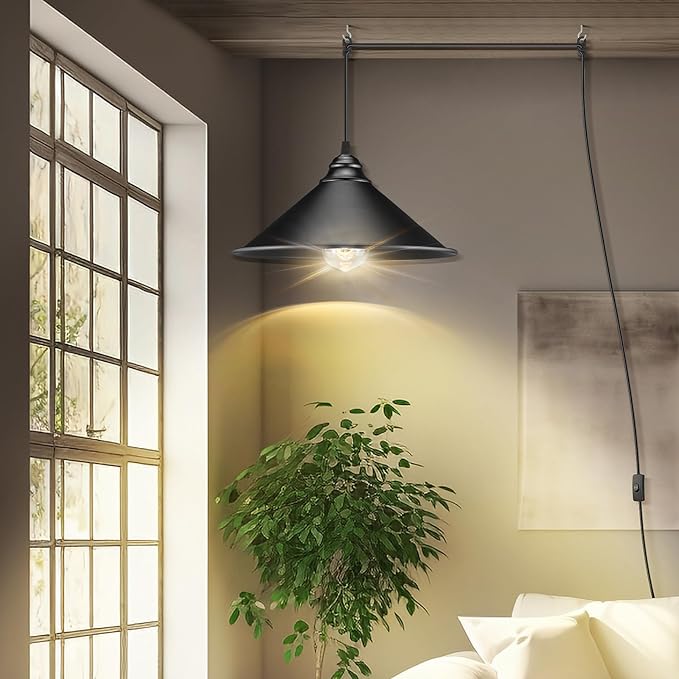Plug in Pendant Light, Bigger Hanging Lights with Plug in Cord On/Off Switch, 13FT Industrial Plugin Hanging Light, Vintage Pendant Lights Fixture, Big Black