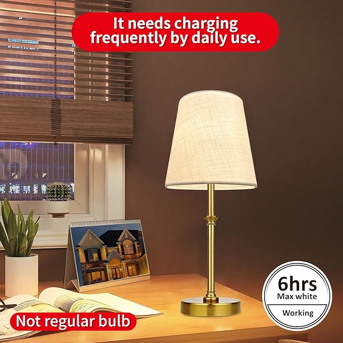 BLUEYE Cordless Table Lamps,Remote Control,5200mAh,No Flicker,2700K-6000K,Rechargeable Bulb,50W Equivalent,Retro Style,Fabric Shade,Battery Operated Ambient Light for Bedside,Hallway,Restaurant,Gold