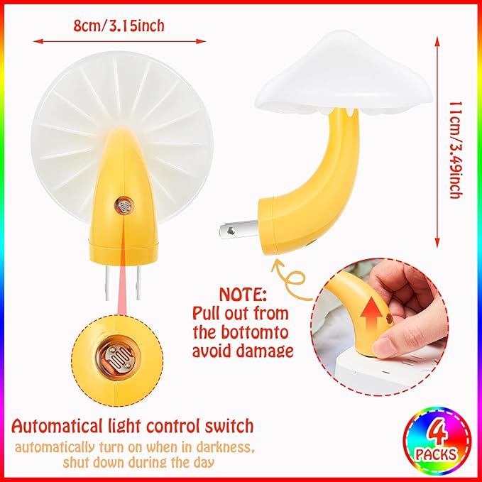 Honoson 4 Pieces Mushroom Night Light LED Night Light Plug in Lamp 7 Color Magic Mini Pretty Mushroom Shaped Lamp Adults(7-Color Light with White Cover)