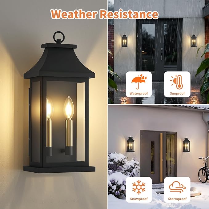 tewei 2-Light Black Outdoor Light Fixture, Porch Light Outdoor Wall Sconce Lantern, 18'' Exterior Lighting Fixture Wall Mount E12 Gold Base, Outside Light for House Backyard Garage, 1-Pack