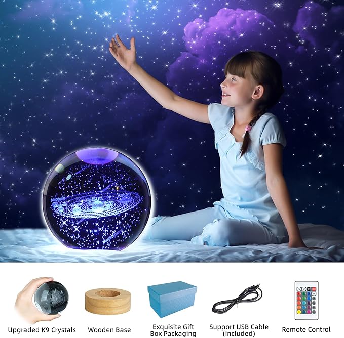 3D Solar System Crystal Ball Night Light, Upgraded 3.15 Inch Glass Ball Lamp with 16 Color LED Wooden Base, Solar System Model Desk Decor Birthday Christmas Space Gifts for Kids Friends