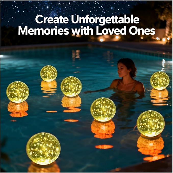 14" Solar Powered Inflatable Floating Pool Lights - Waterproof Warm White Glow, 2 Pack Pool Party Decor for Nighttime Pond/Patio Ambience