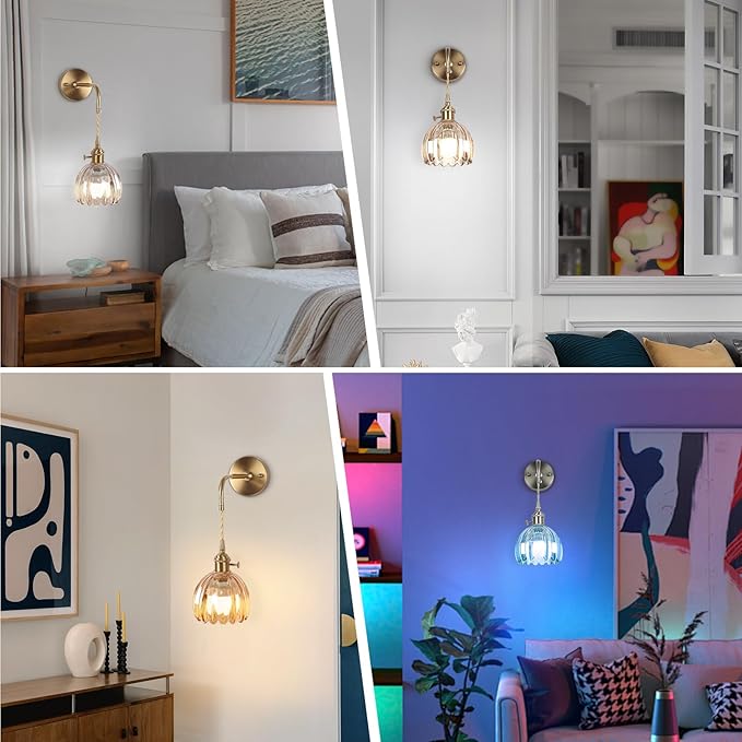 Vintage Battery Operated Wall Sconces Sets Of Two,Indoor not Hardwired Amber Tulip Glass Lampshade Fixtures,Rechargeable Wireless RGB Wall Lights with Dimmable Remote Control,for Bedroom Living Room