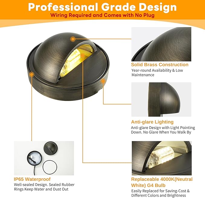 Gardenreet LED Step Lights - 12V Brass Low Voltage Deck Light Outdoor, Landscape Hardwired Waterproof, Antique Bronze Lighting for Wall Garden Yard Stair with 3W Cool White G4 Bulb 12 Pack