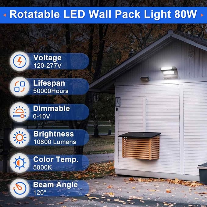 LED Wall Pack Light 80W Rotatable Adjustable 10800LM 5000K, Dimmable Outdoor Area Wall Pack Flood Lighting Fixture - Great for Warehouse Entrance Parking, IP65 Waterproof, UL&DLC Listed