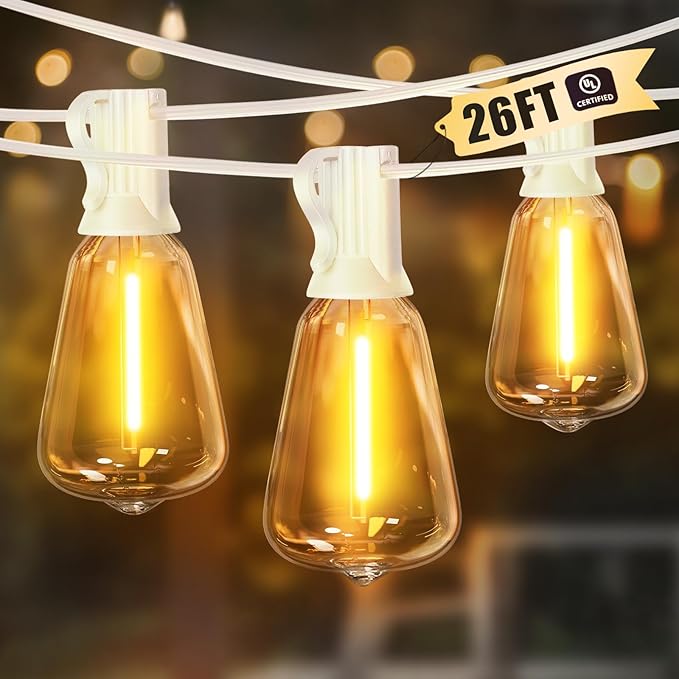 LAMPHOME26 FT Outdoor String Lights for Outside, 12+1LED Waterproof Shatterproof Edison Dimmable Timer Bulbs, 2700K Warm White Patio Lights for Garden Backyard Yard Hanging Lighting
