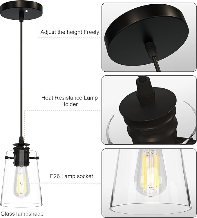 Pendant Lights Kitchen Island, Modern Industrial Pendant Light Fixtures with Glass Shade, E26 Socket Adjustable Cord for Dining Room, Bedroom, Living Room, Farmhouse Pendant Lighting 2Pcs