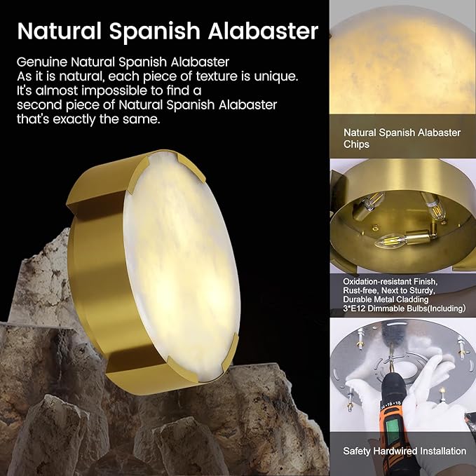 Modern Alabaster Ceiling Light,14.17in Gold Round Alabaster Flush Mount Ceiling Lights,Hardwired Natural Marble Kitchen Lighting Fixtures Ceiling for Bedroom,Dining,Living Room,Foyer,E12 Bulb Included