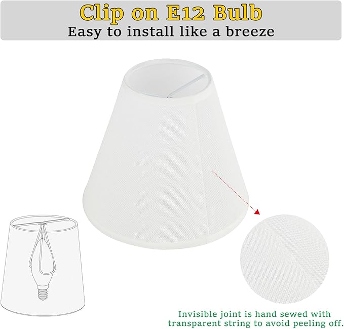 3" Top x 6" Bottom x 5" High Chandelier Shades, White 3.0x6.0x5.0 Inches Linen Fabric Lampshades, Perfect Covers for 6 Light Pendant Light or Wall Sconce, Clip On Bulb, E12 Socket(Small Size, 6 Pack)