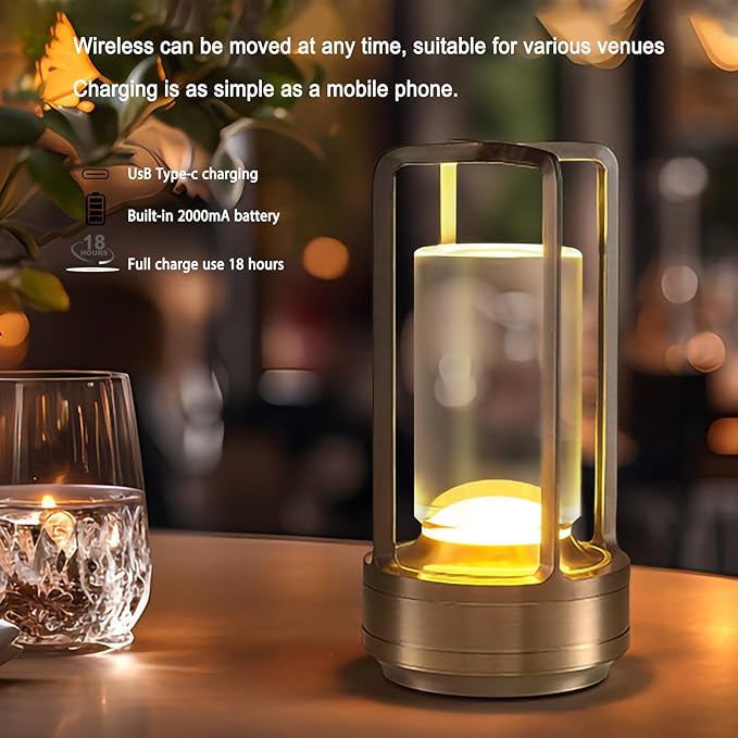 Cordless Table Lamp Rechargeable Portable Metal Touch Small Desk Lamp,Indoor/Outdoor Battery Operated LED Night Light,3Color Stepless Dimming Crystal Lantern Suitable bedrooms,Bars,cafes,Camping,Gold