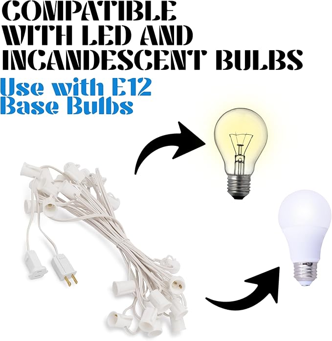 HLO Lighting C7 Light Strings | 25' White Cord with 12" Socket Spacing, E12 C7 Christmas Light Stringer