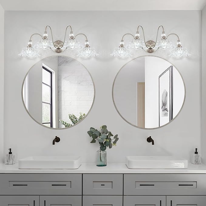 Brushed Nickel Bathroom Vanity Light, 4-Light Vanity Light with Floral Clear Glass Shades, Brushed Nickel Wall Mount Lighting for Bathroom, Dressing Table