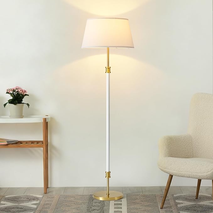 Modern Mid Century Floor Lamp with Soft Linen Shade, 63” Tall White & Brass Standing Lamp, Weighted Base, Warm Ambient Light for Living Room, Bedroom & Reading Corners (White & Gold)