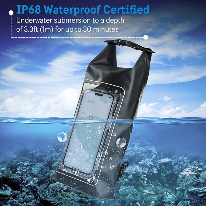 Pelican Marine IP68 Waterproof Dry Bag 2L - Roll Top Waterproof Backpack w/Phone Case/Pouch - Boating & Kayak Accessories - Essentials for Camping Swimming Beach Fishing Rafting Travel - Black