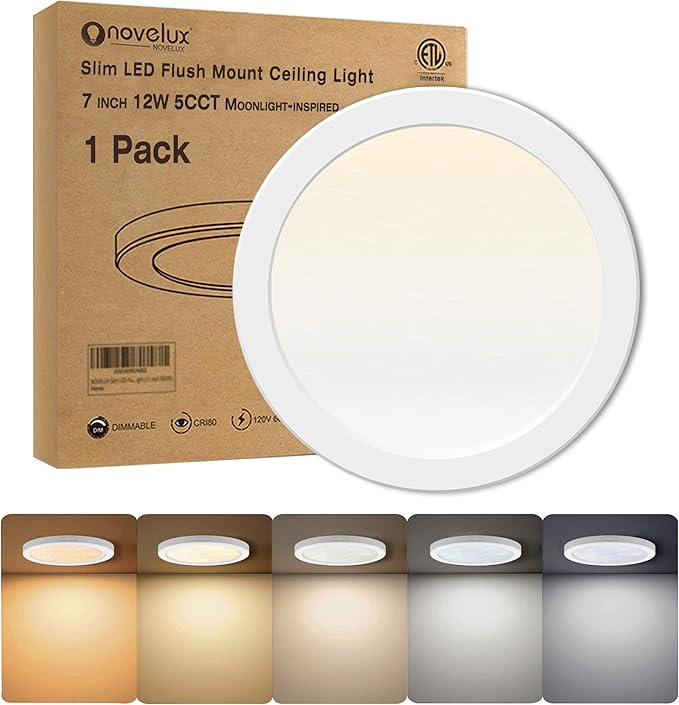 7.3" Flush Mount Ceiling Light Dimmable with ETL CERT, 5CCT LED Ceiling Lights Moon Style Round Ceiling Light Fixture for Bedroom, Bathroom, Kitchen, Hallway, Basement, Closet,White 1Pack