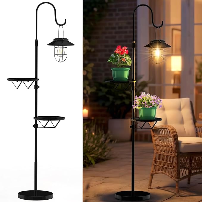 61" Solar Lights Outdoor with Plant Stands - Metal Shepherd Hook with Hanging Solar Lantern, Waterproof Solar Floor Lamp Garden Lights for Patio Deck Yard Porch Backyard & Indoor Decor