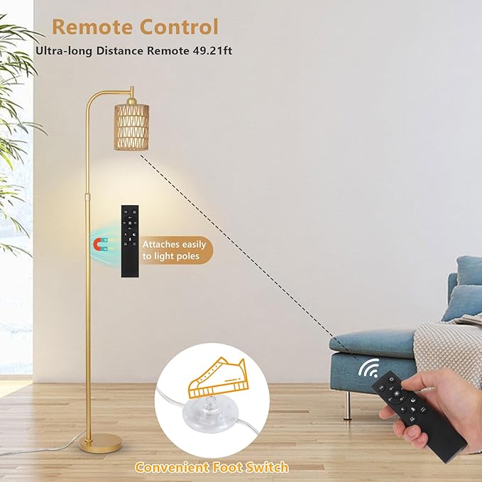 Modern Gold Floor Lamps for Living Room, Boho Rattan Floor Lamp with Remote & Dimmable LED Bulb, Farmhouse Standing Lamp with Rattan Shades, Minimalist Tall Pole Lamp for Bedroom Office