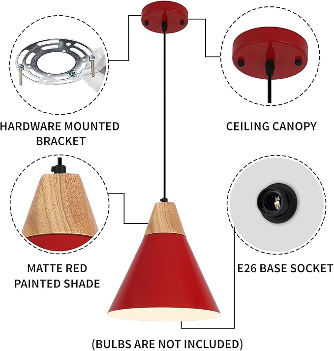 Red Pendant Light, 2 Packs 9.4inch Farmhouse Pendant Light, Kitchen Pendant Lights, Pendant Lights Kitchen Island for Living Room, Bar, Bedroom, Office