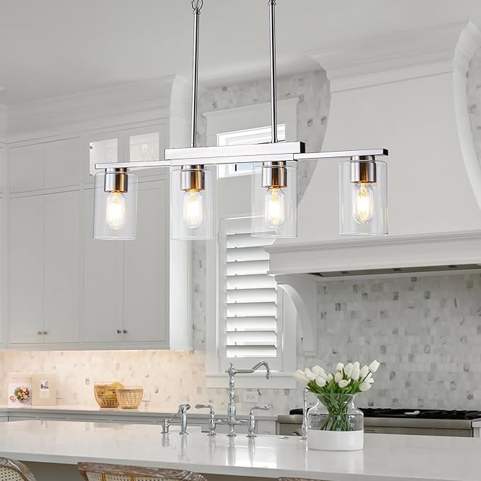 WILON Kitchen Island Lighting, 4 Lights Nickel Sand Linear Chandeliers Modern Farmhouse Chandelier with Glass Shades for Kitchen Island Living Dining Room Foyer Bedroom(Brushed Nickel,4 Lights)