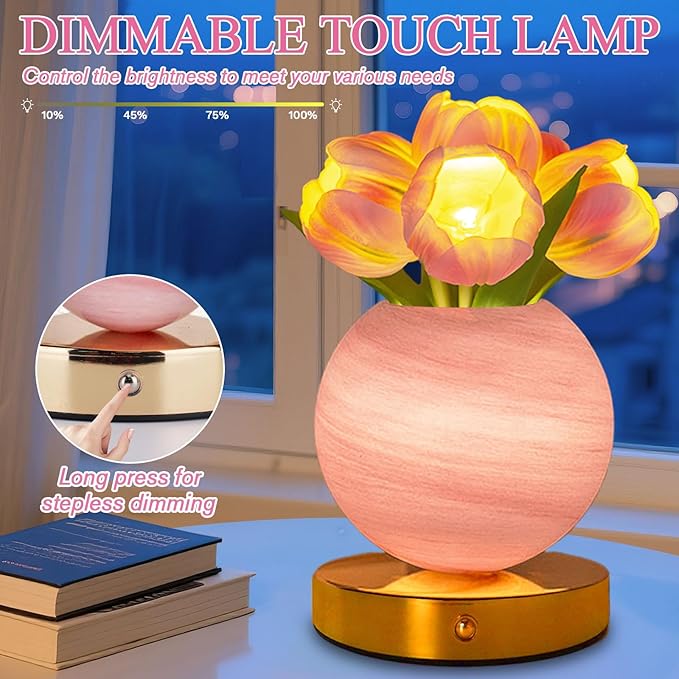 Tulip Table Lamp, Rechargeable Cordless Touch Dimming Artificial Tulip Flower Desk Lamp, LED Flower Bedside Night Light Romantic Gifts for Girl Women Mom (Pink Tulip)