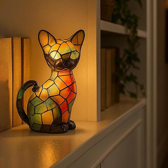 Cat Lamp, Stained Glass Cat Lamp, Decorative Resin LED Night Light for Cat Lovers, USB Vintage 3D Table Lamp Cozy Glow for Desk & Mantel – Fun Gift for Pet Owners (Little Kitten)