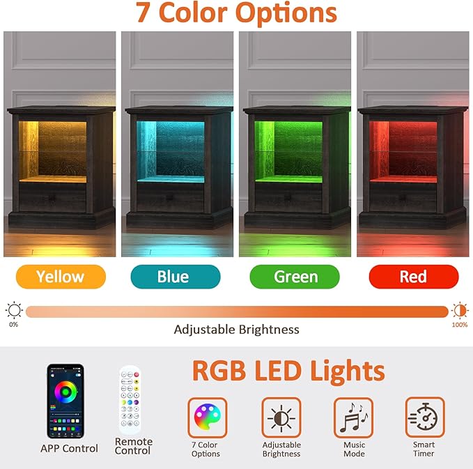 Rresyet Living Room End Table Set of 2, Side Tables with LED Lights & Charging Station & Adjustable Shelf, Storage End Tables with Drawer, Bedroom Nightstands