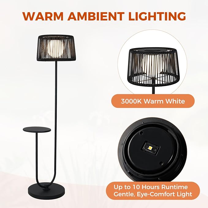 Solar Yard Outdoor Floor Lamp with Side Table, U-Shaped Modern Metal Outdoor Lamp, 3000K Warm White, IP56 Waterproof, Patio Garden Deck Balcony Coffee Table Light, Black